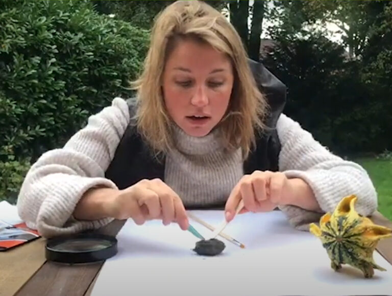 Vrouw tekent buiten aan tafel met potloden, naast een decoratieve pompoen.