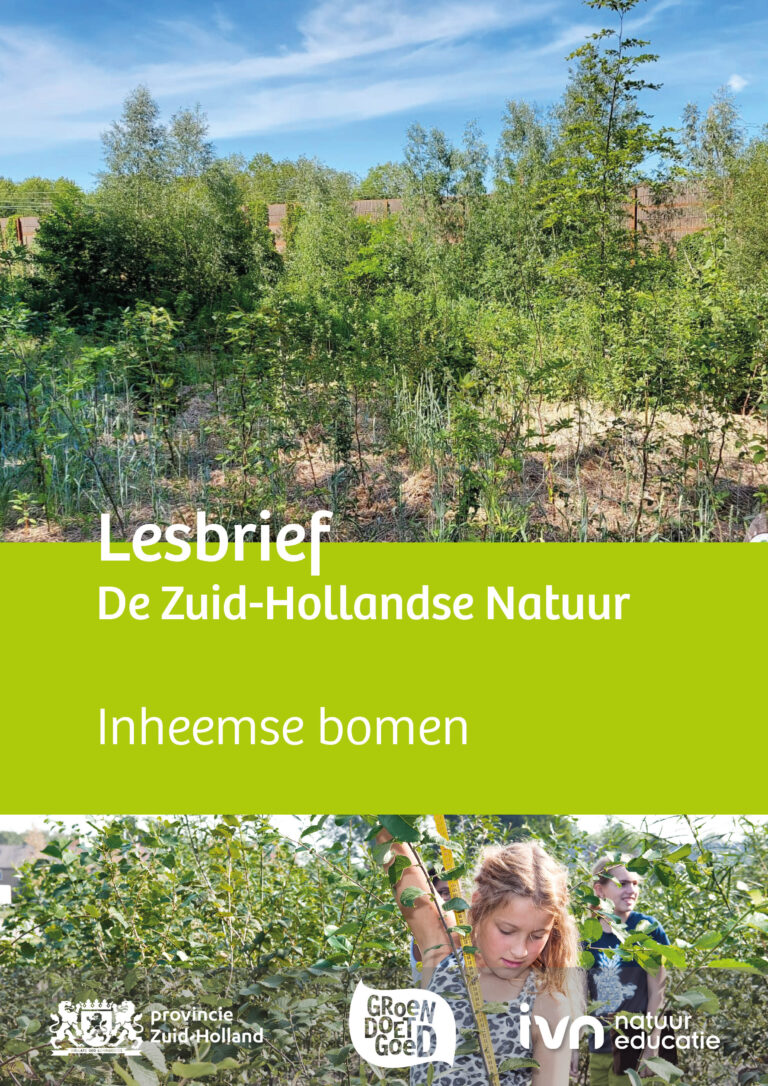 Lesbrief over inheemse bomen met groene achtergrond en kinderen die in de natuur werken.