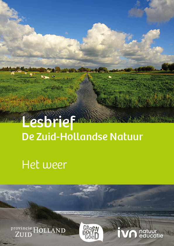 Lesbriefcover met beelden van een weide en strand onder verschillende weersomstandigheden.