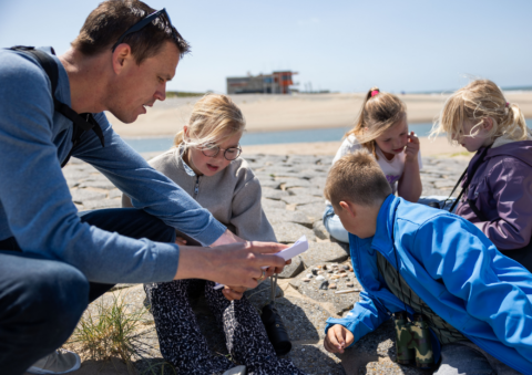 Volwassenen en kinderen verzamelen zich op het strand rond schelpen en papieren, met de zee op de achtergrond.