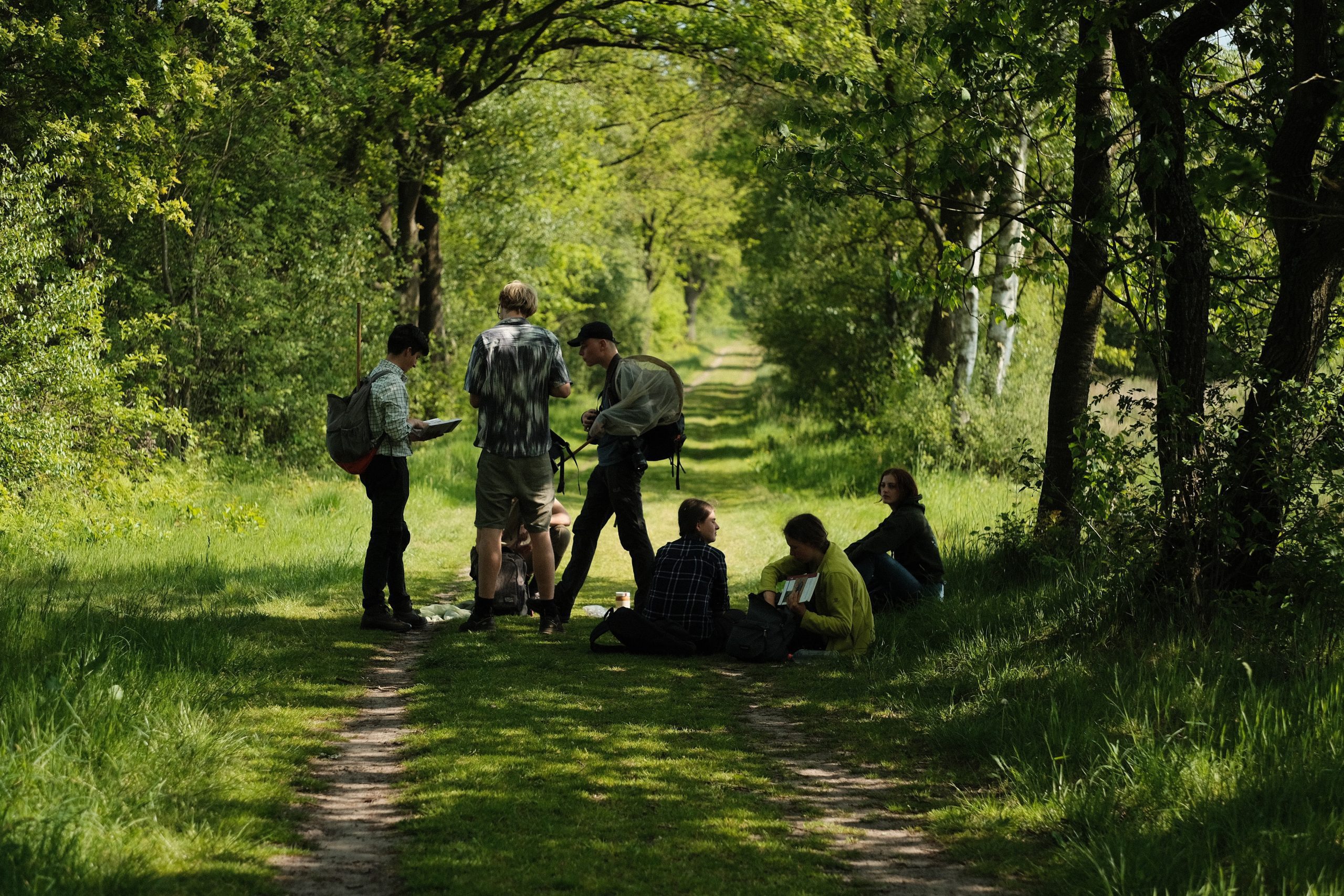 Een groep mensen rust uit op een groen bospad omringd door bomen.