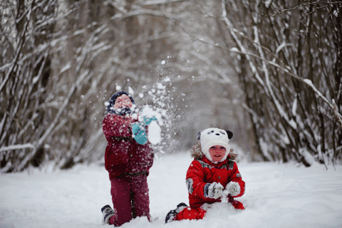 Kinderen spelen in de sneeuw, omgeven door besneeuwde bomen op een winterse dag.
