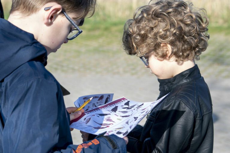 Twee kinderen bekijken een vogelgids buiten, met een pen in de hand.