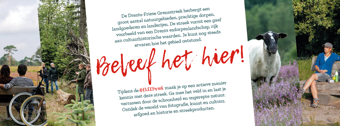 Mensen in de natuur, tekst over Drents-Friese grensstreek, met de slogan "Beleef het hier!".