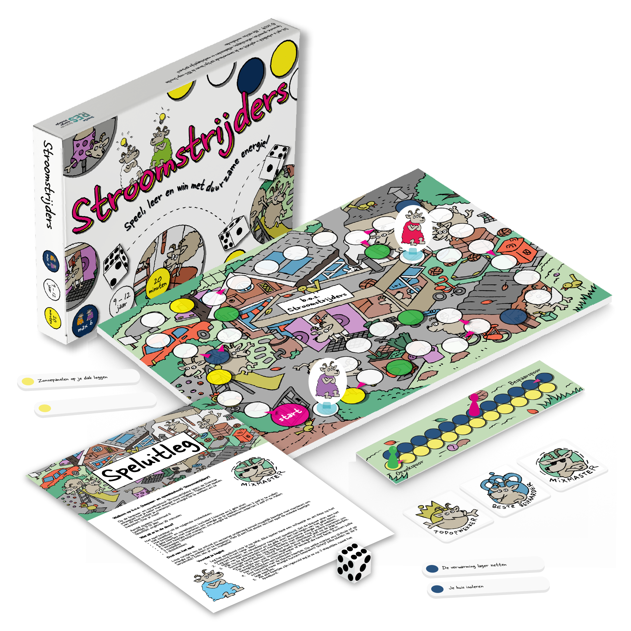 Een bordspel genaamd "Stroomstrijders" met kleurrijke onderdelen en spelregels.