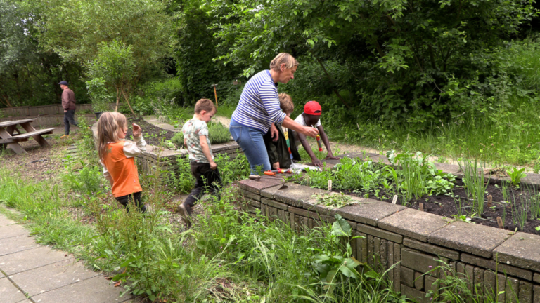 Volwassenen en kinderen werken samen in een groene moestuin.