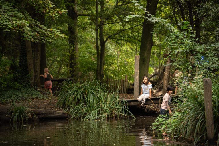 Kinderen spelen in een groen bos bij een vijver, zittend op een houten bruggetje.
