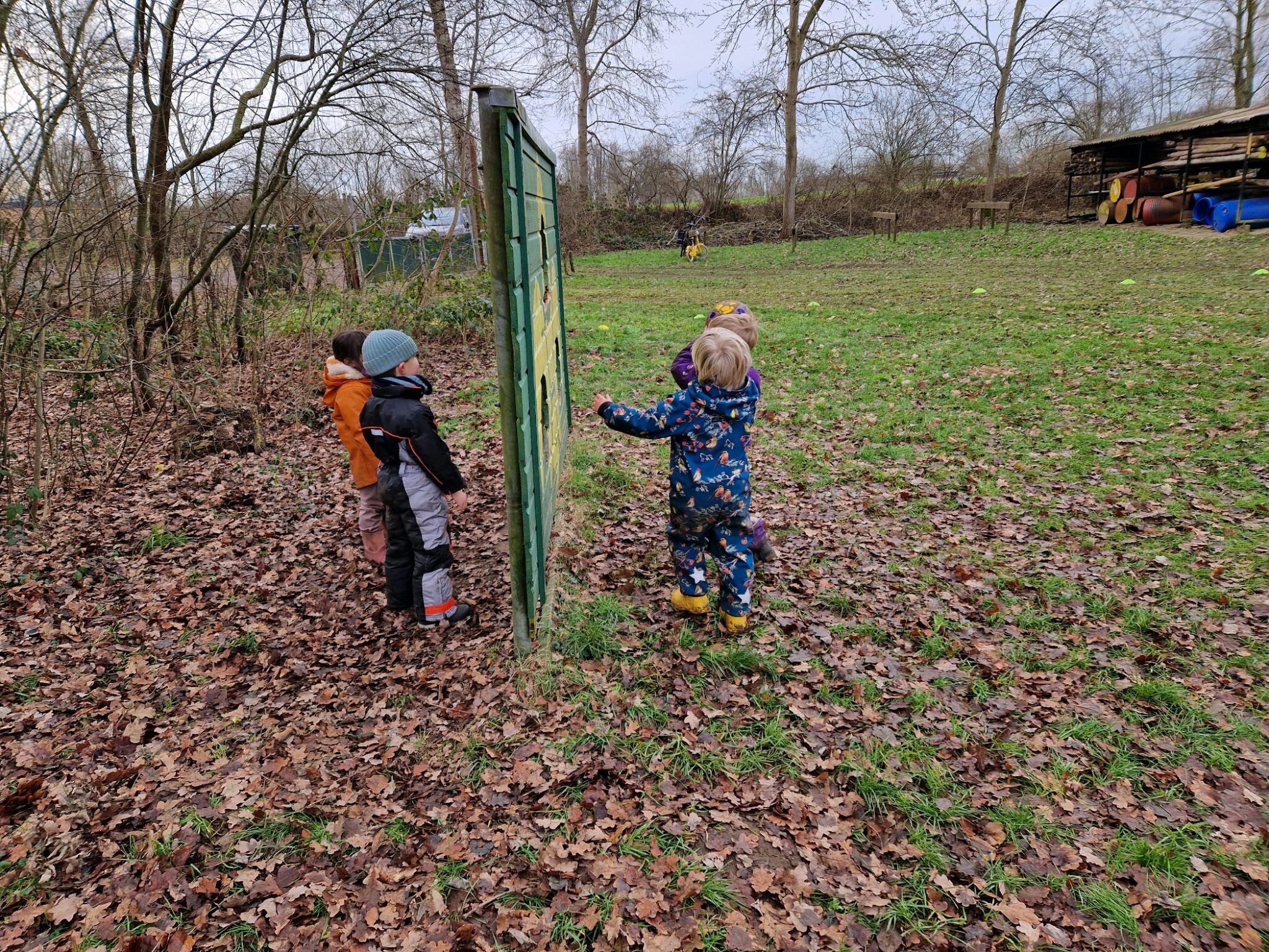 Vier kinderen spelen buiten bij een houten bord in een bosrijke omgeving.