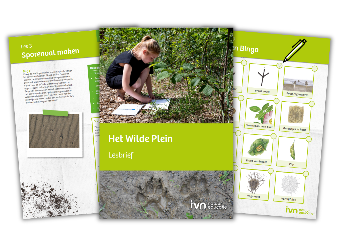 Lesmateriaal over natuursporen, met een kind dat buiten observeert en opdrachtenbladen onderzoekt.
