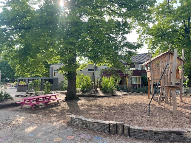 Speeltuin met houten klimtoestel, roze picknicktafel, bomen en huis op achtergrond.