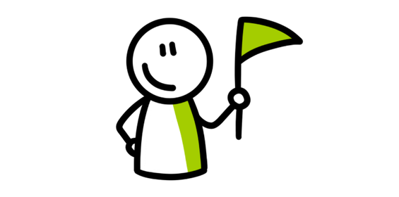 Simpele tekening van een lachend figuurtje met groen accenten en een vraagteken op zwarte achtergrond.