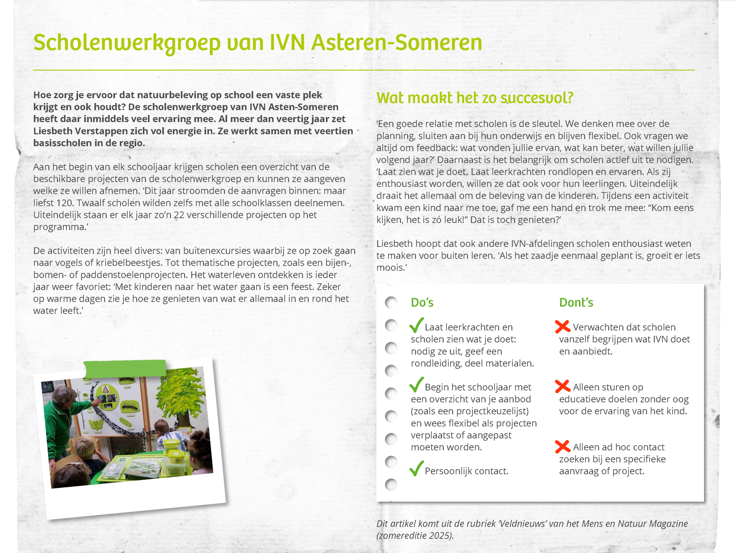 Werkblad over IVN Asten-Someren, bevordering natuuronderwijs, tips voor succes, activiteitenoverzicht.