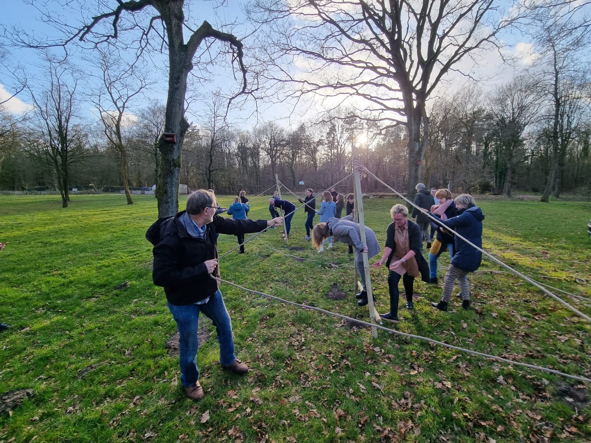 Mensen doen een teambuildingactiviteit in een bos met touwconstructies en bomen.