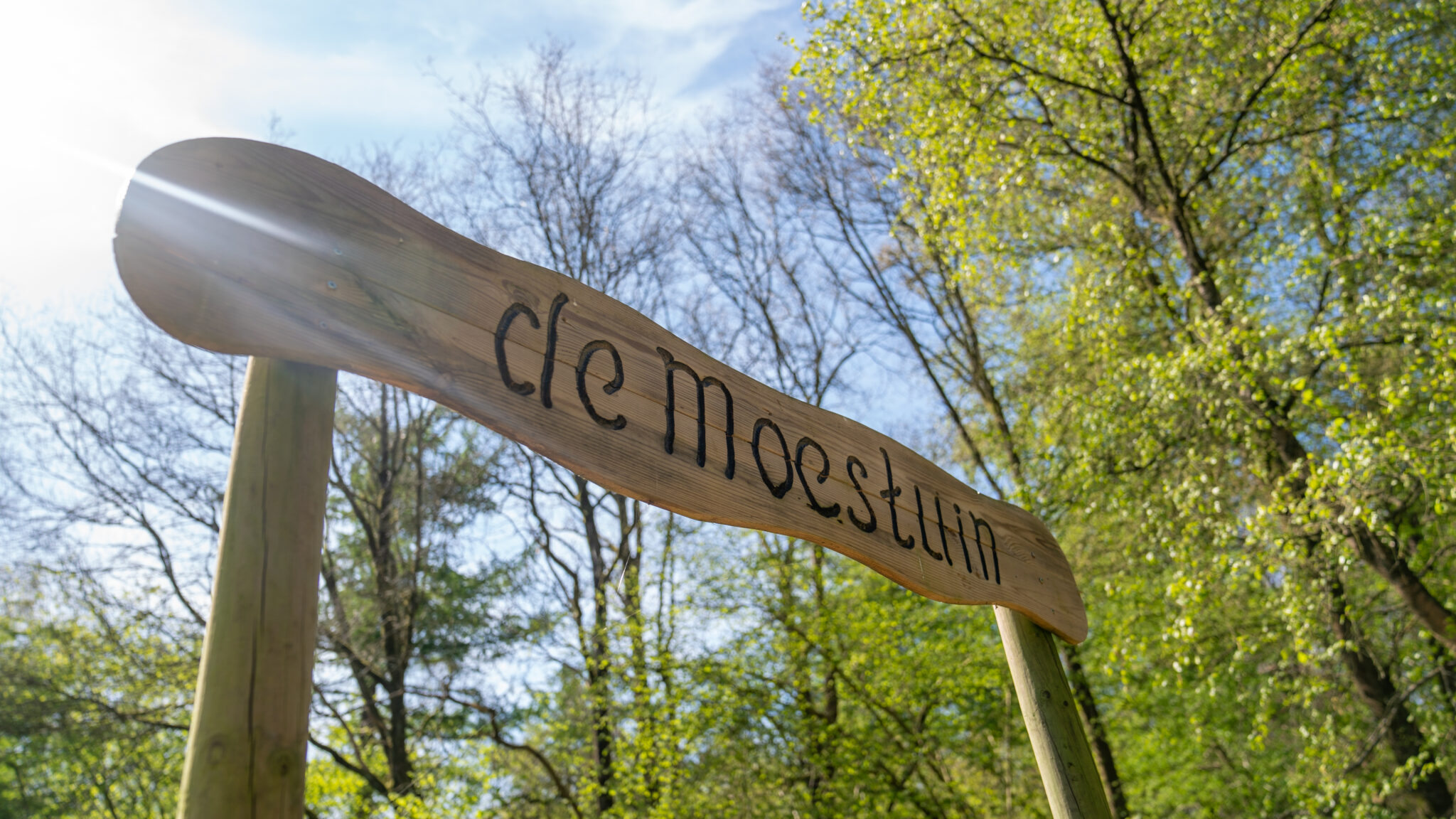 Houten bord met "de moestuin", zonnestralen en groene bomen op achtergrond.