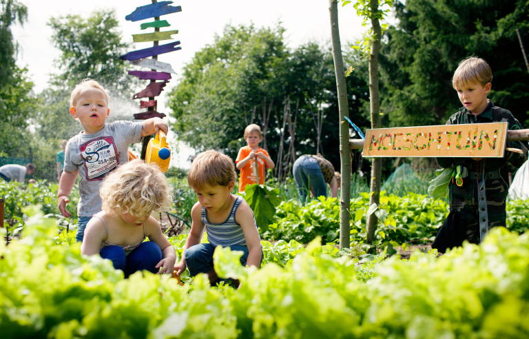 Kinderen spelen en werken in een moestuin, omgeven door groene planten en een bord met 