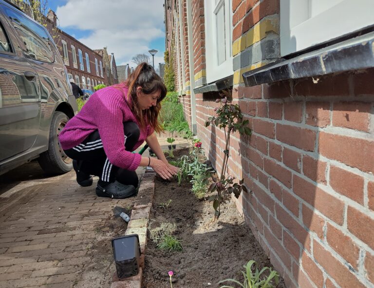 Vrouw plant bloemen langs bakstenen gevel op zonnige dag in stedelijke straat.