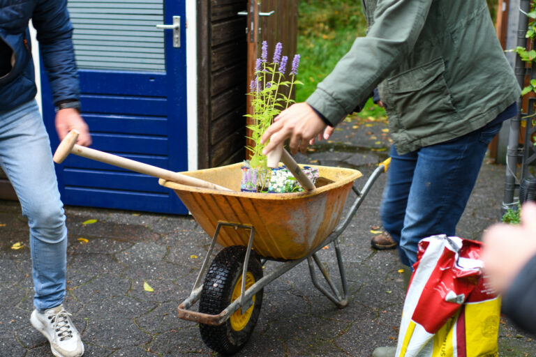 Twee mensen duwen een kruiwagen met bloemenpotten op een natte tuinbestrating.