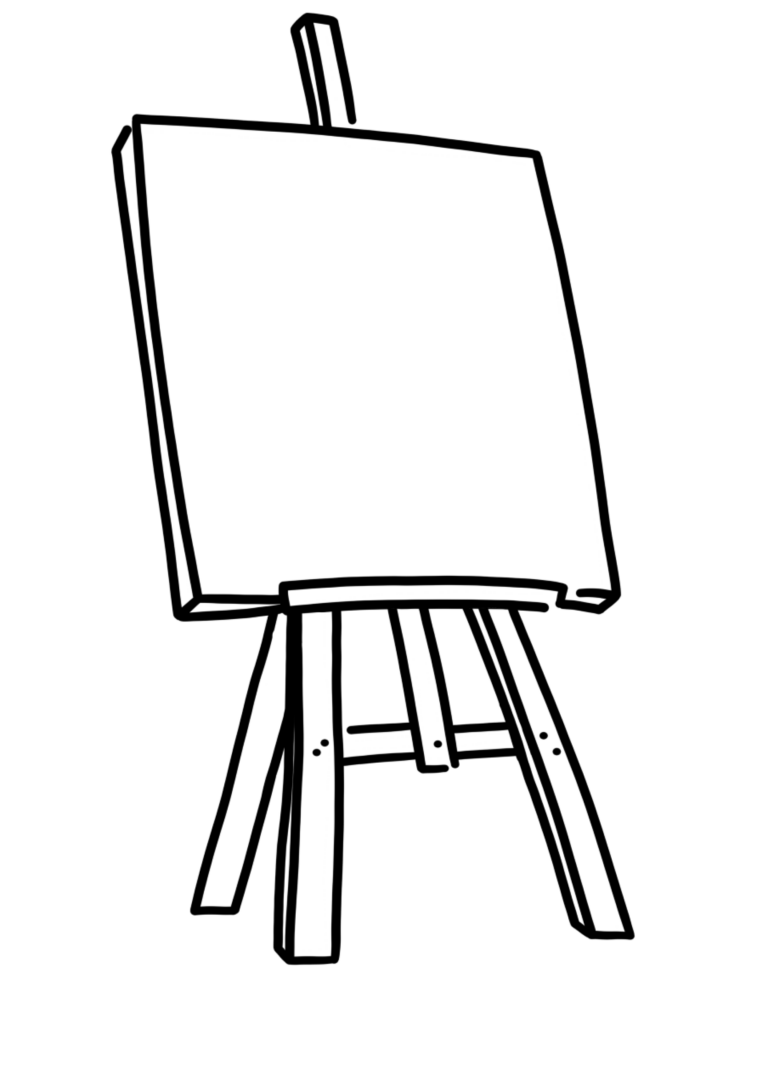 Zwart-wit tekening van een lege schildersezel voor een zwarte achtergrond.