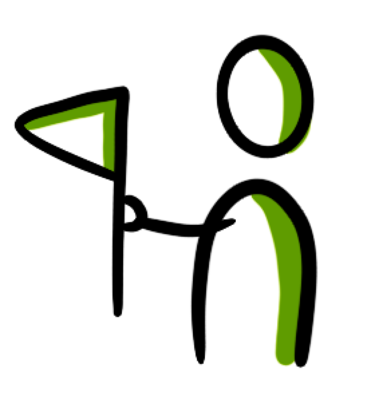 Een gestileerde figuur met een groene vlag in de hand, geaccentueerd met groene lijnen.