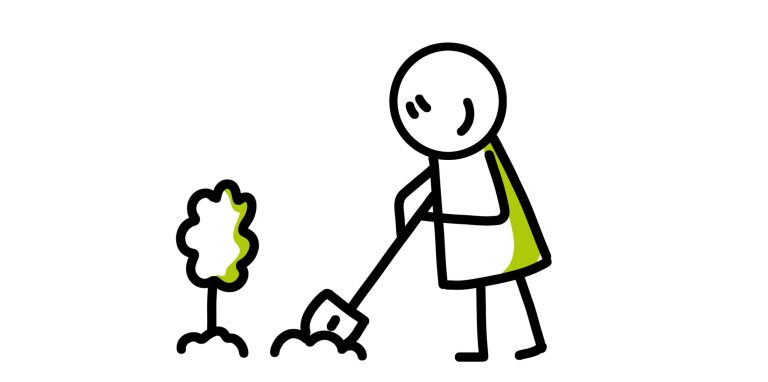 Een stokfiguur graaft bij een plant met een schep.