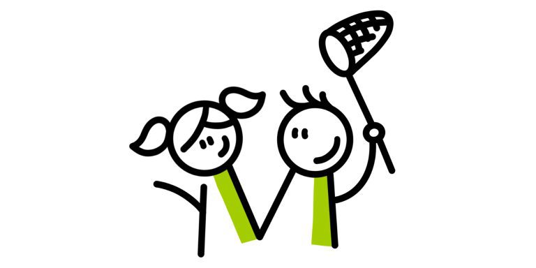 Twee lachende stokfiguren met groene tops; één houdt een lacrossestick omhoog.