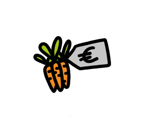 Bundel wortels met prijskaartje met euroteken eraan.