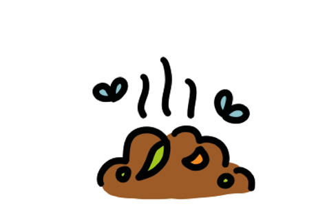 Een tekening van een dampende hoop compost met bladeren en vliegen.