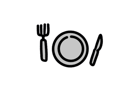 Pictogram van een bord met een vork links en een mes rechts.