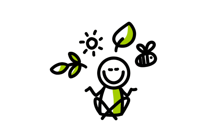 Poppetje mediteert, omgeven door zon, bladeren en bij.