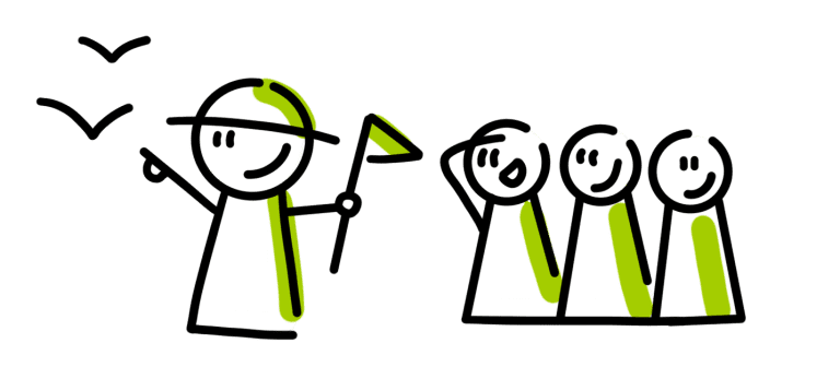 Zwarte en groene schets van vier lachende figuren, een voorop en drie in een rij erachter.