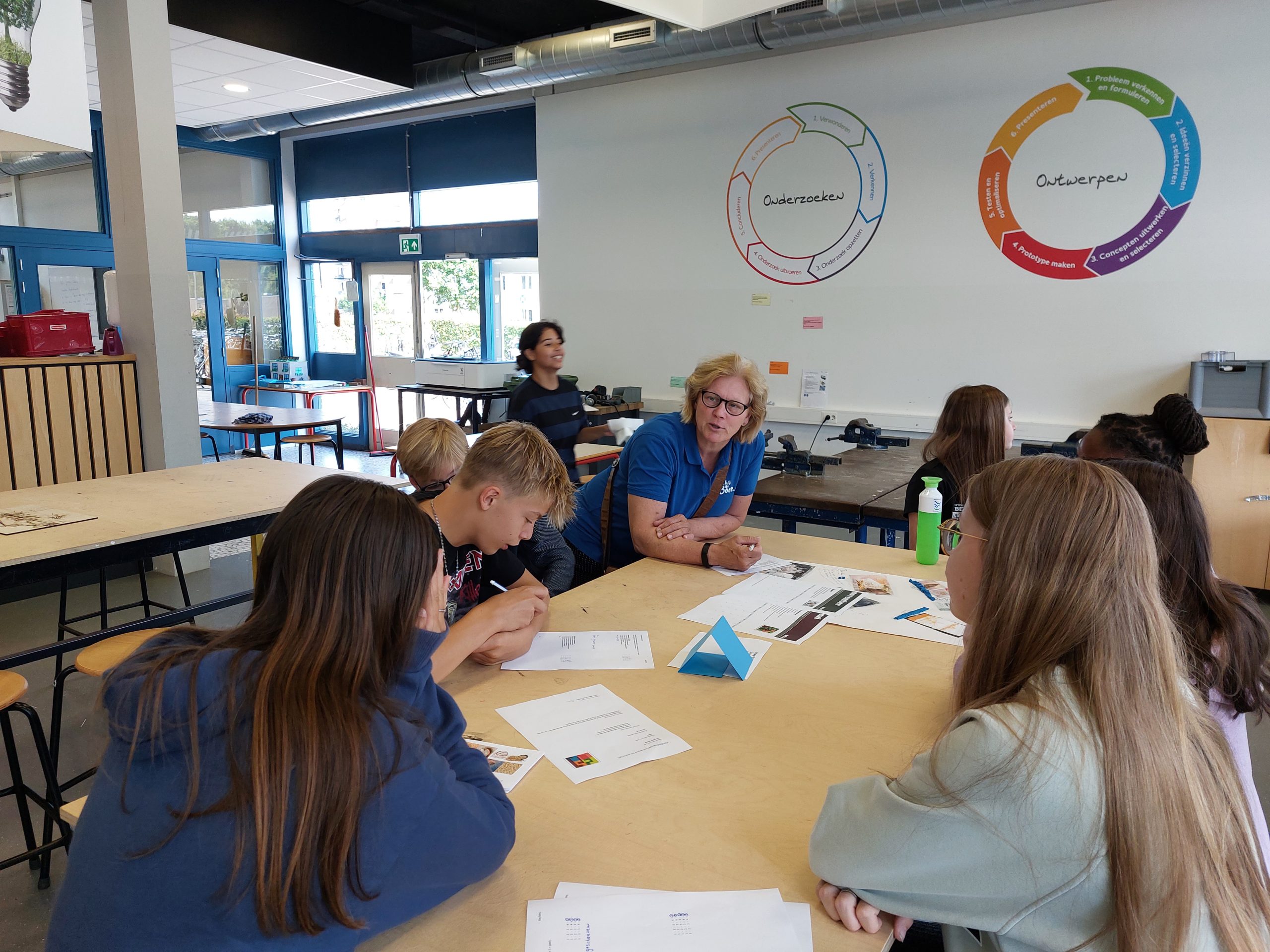 Een groep studenten aan tafel in een klaslokaal met kleurrijke diagrammen aan de muur.