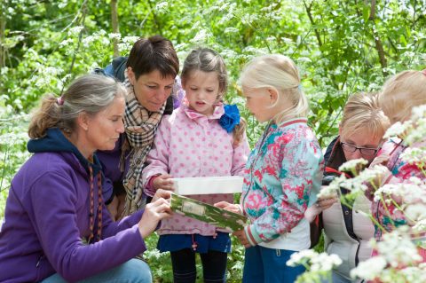 Moeder en kinderen onderzoeken een bakje en een boek in een groene, bloemrijke omgeving.