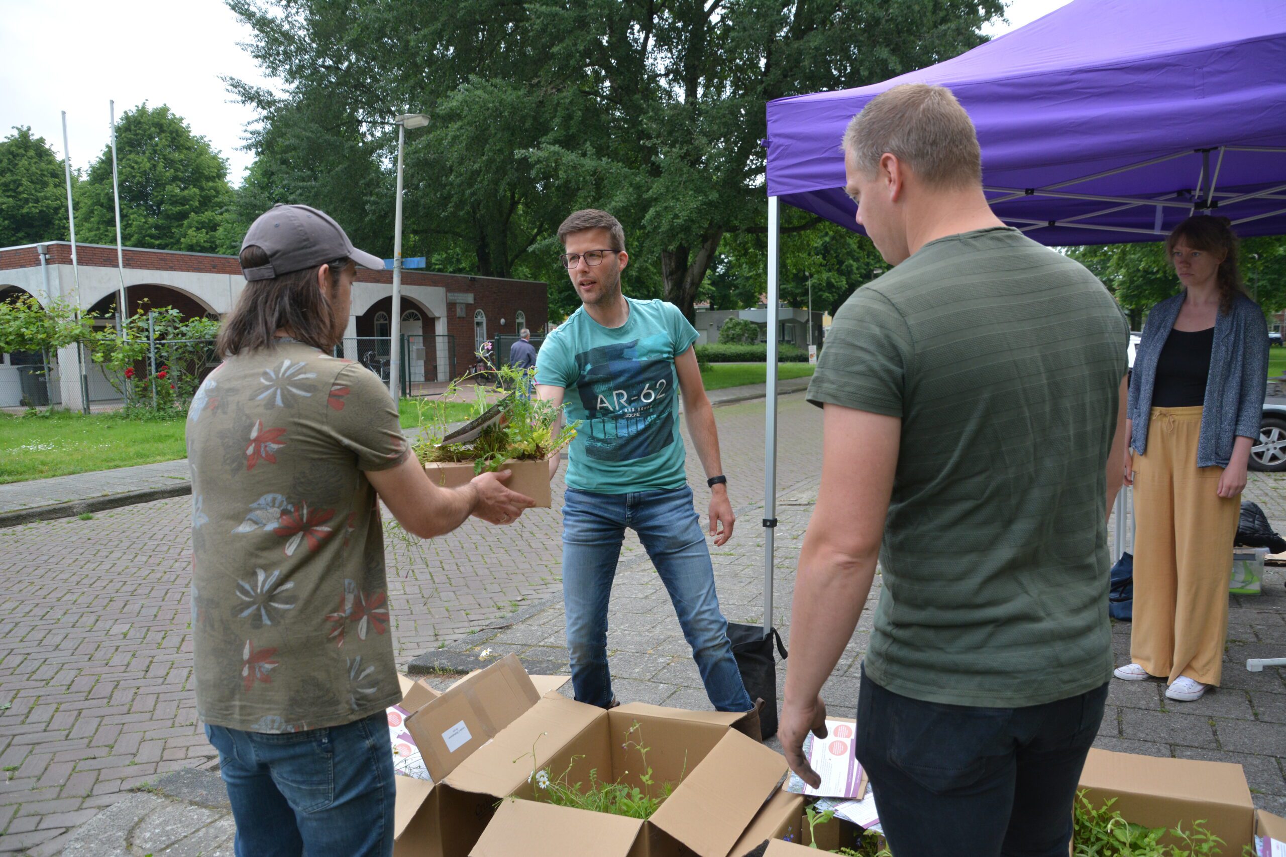 Mensen onder een paarse tent wisselen planten uit bij een buitenevenement.