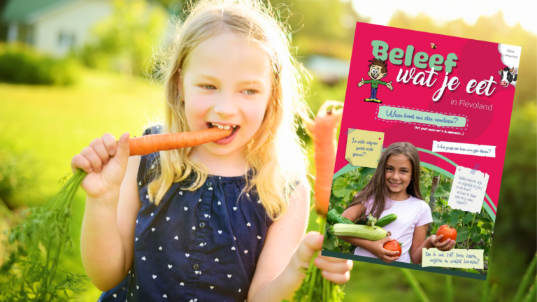Een meisje eet een wortel naast een kleurrijke poster over voedsel in Flevoland.