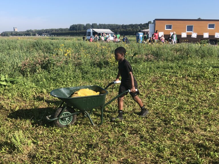 Jongen duwt kruiwagen in grasveld, met evenementenstand en mensen op achtergrond.