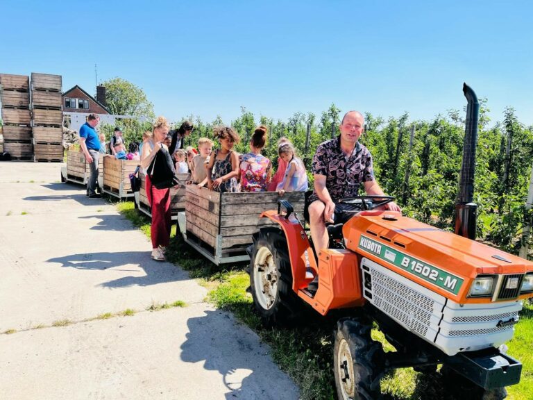 Man op tractor trekt karren met kinderen bij boomgaard op zonnige dag.