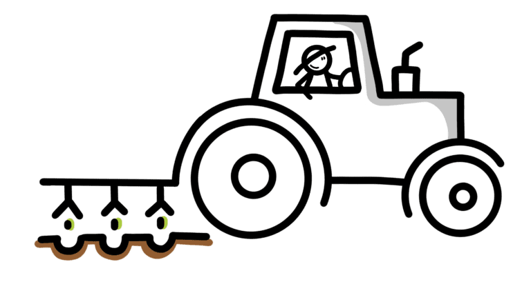 Cartoon van een tractor met boer die zaden plant in de grond.