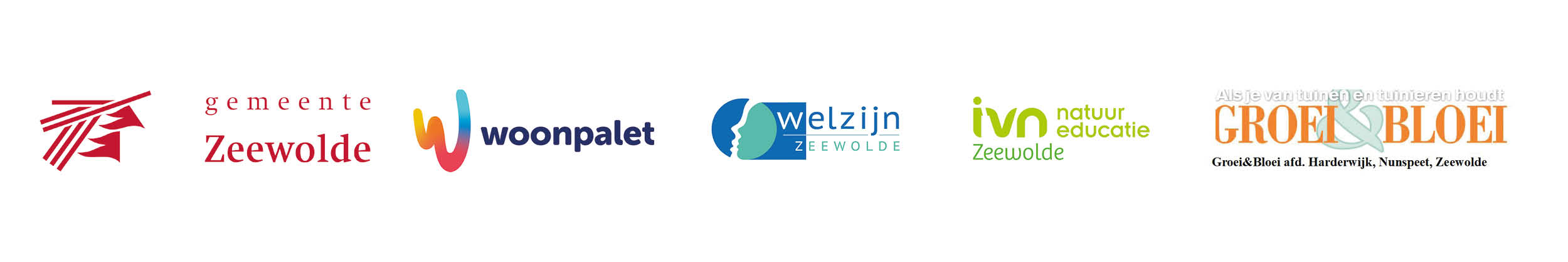 Logo's van gemeente Zeewolde, Woonpalet, Welzijn Zeewolde, IVN Natuur Educatie, Groei & Bloei.