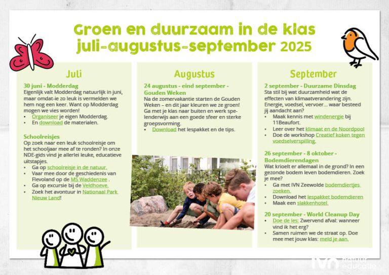 Agenda voor duurzame activiteiten in de klas, juli-september 2025, met evenementen en tips.