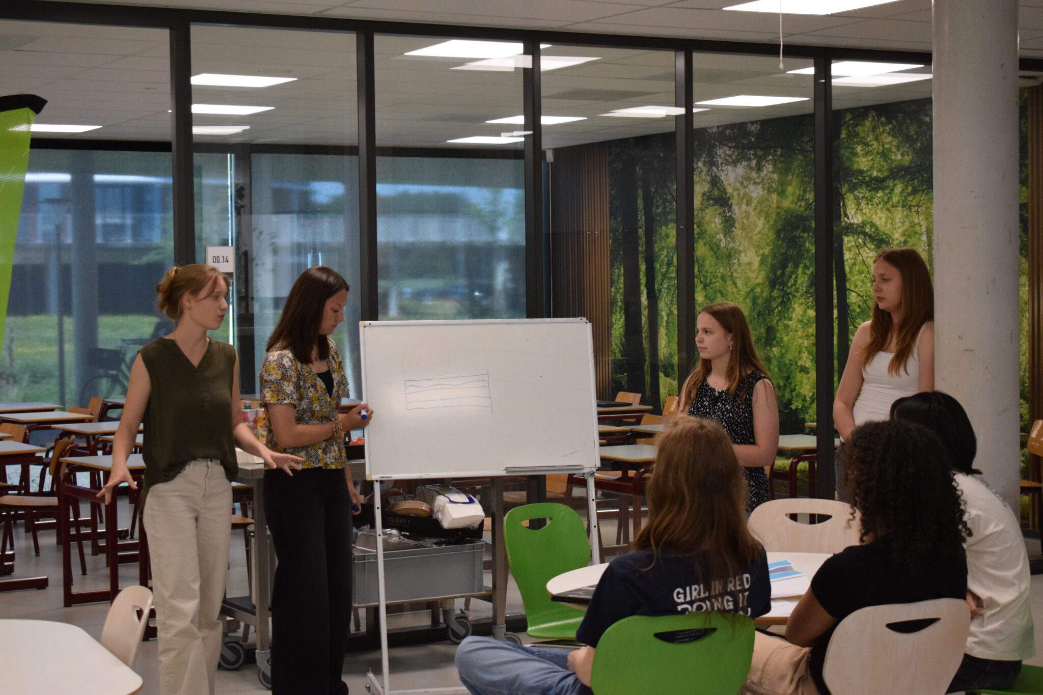 Vier vrouwen presenteren bij een whiteboard aan zittende mensen in een klaslokaal.