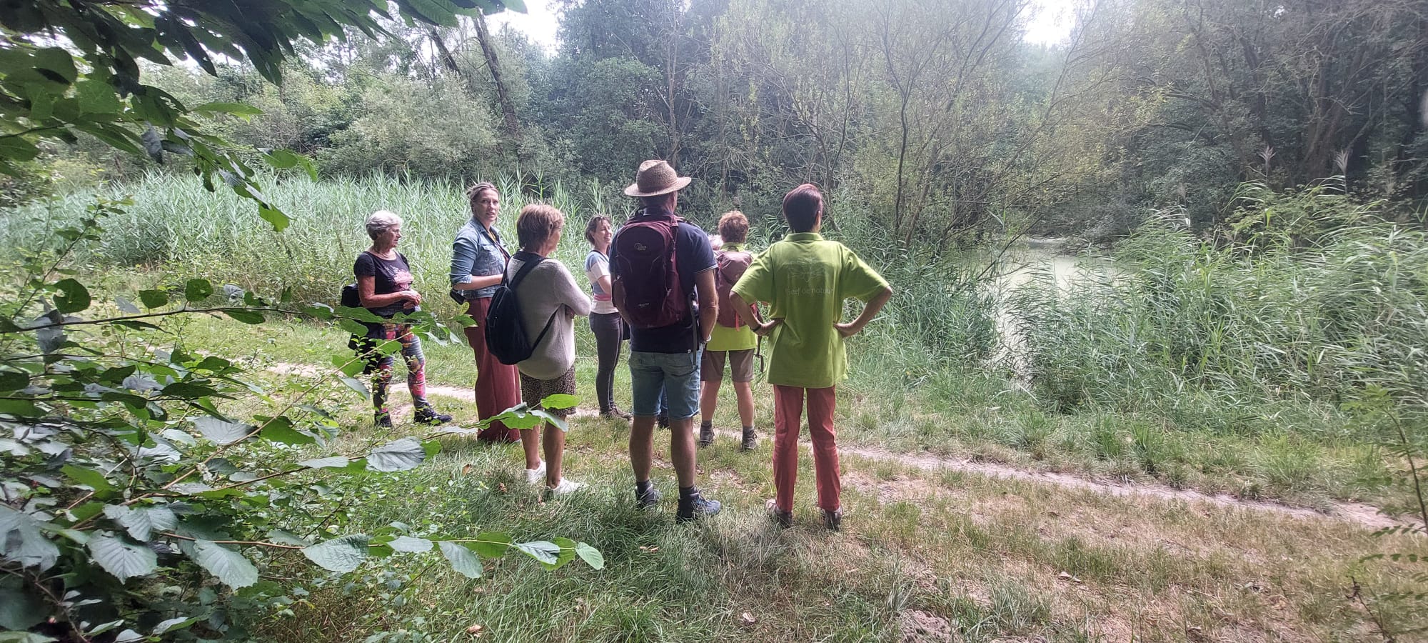 Een groep wandelaars staat bij een pad in een groen bosrijke omgeving.