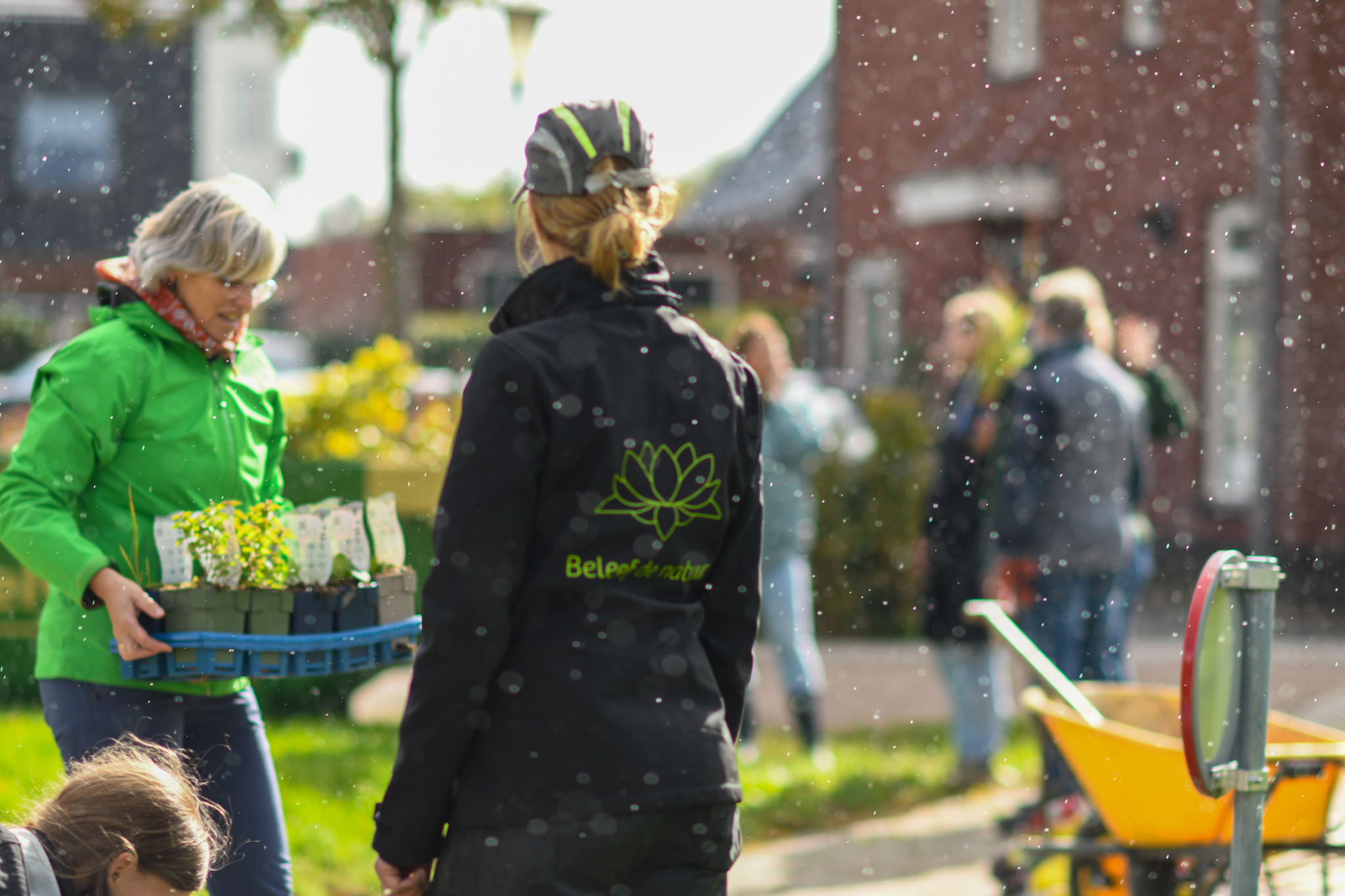 Tuinieringsproject in een buurt, vrouw in groene jas houdt planten vast, mensen converseren op achtergrond.