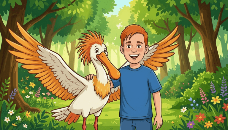 Een jongen met rode haren omarmt glimlachend een vrolijke vogel in een kleurrijk bos.