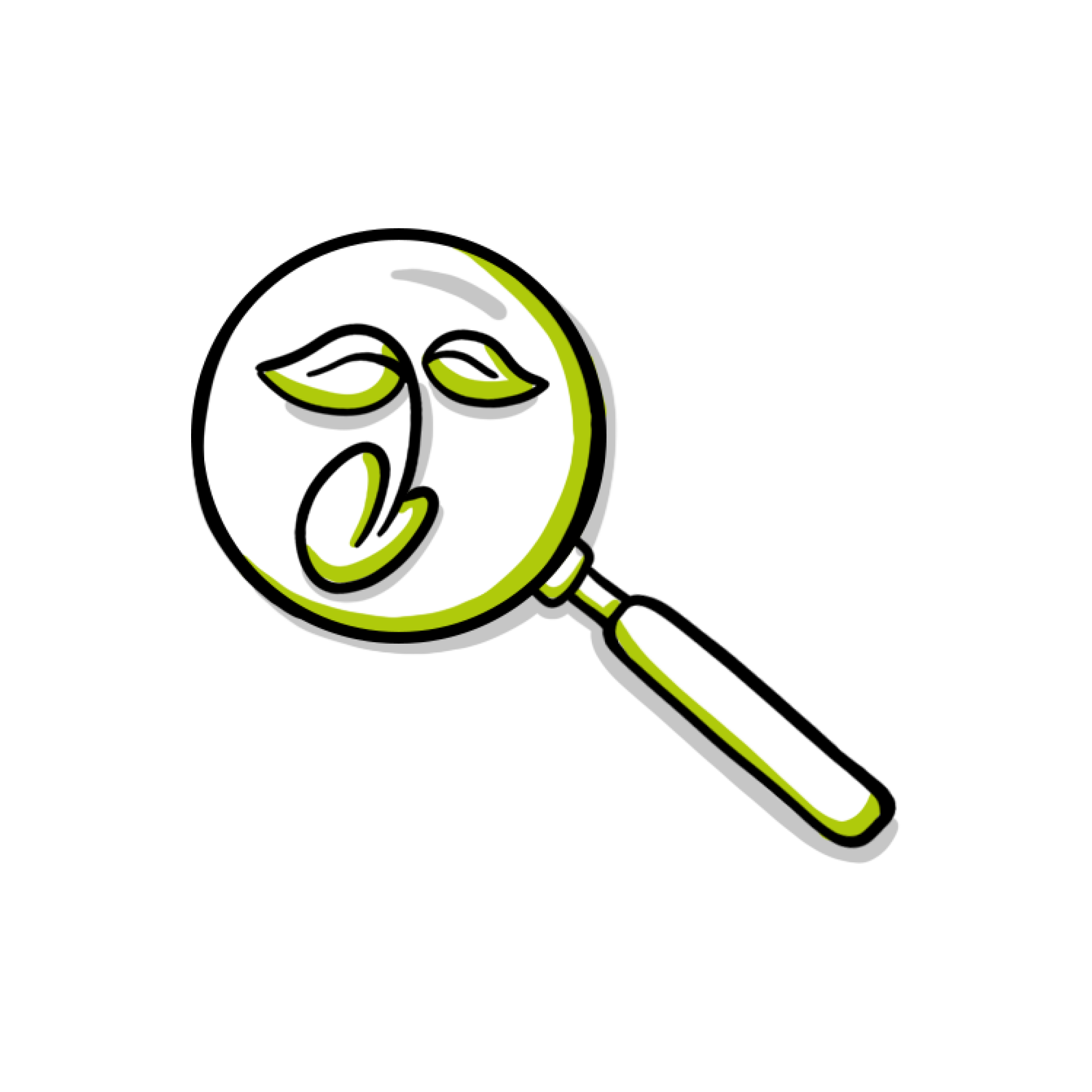 Groene lachende gezichtsvorm in een vergrootglas op een zwarte achtergrond.