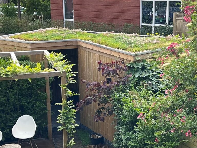 Houten tuinhuis met een groendak, omgeven door planten en een pergola met klimplanten.