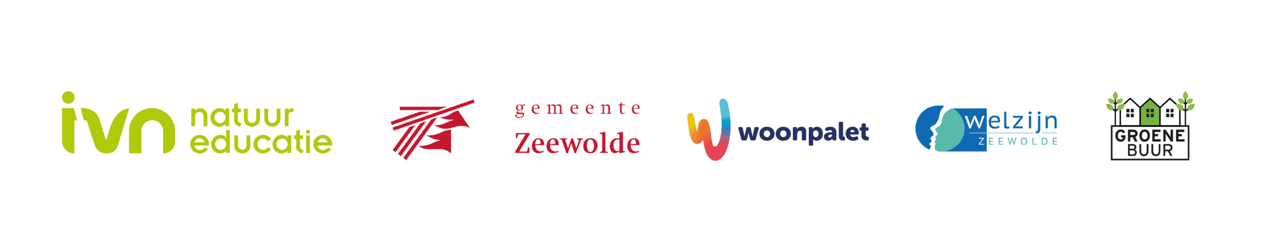 logo's van IVN natuureducatie, Gemeente Zeewolde, Woonpalet, Welzijn Zeewolde en Groene Buur