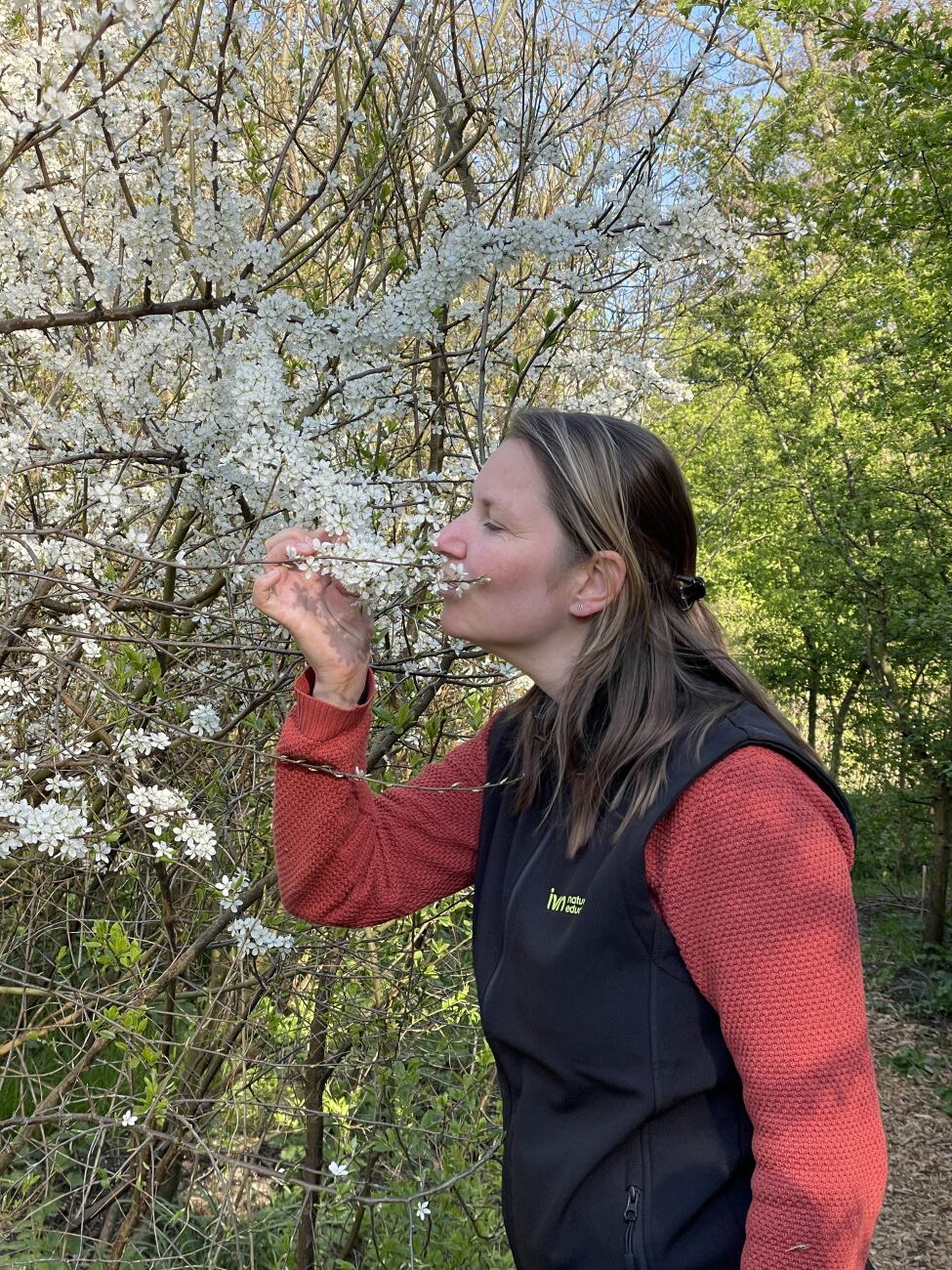 Vrouw ruikt aan witte bloesem in een bosrijke omgeving.