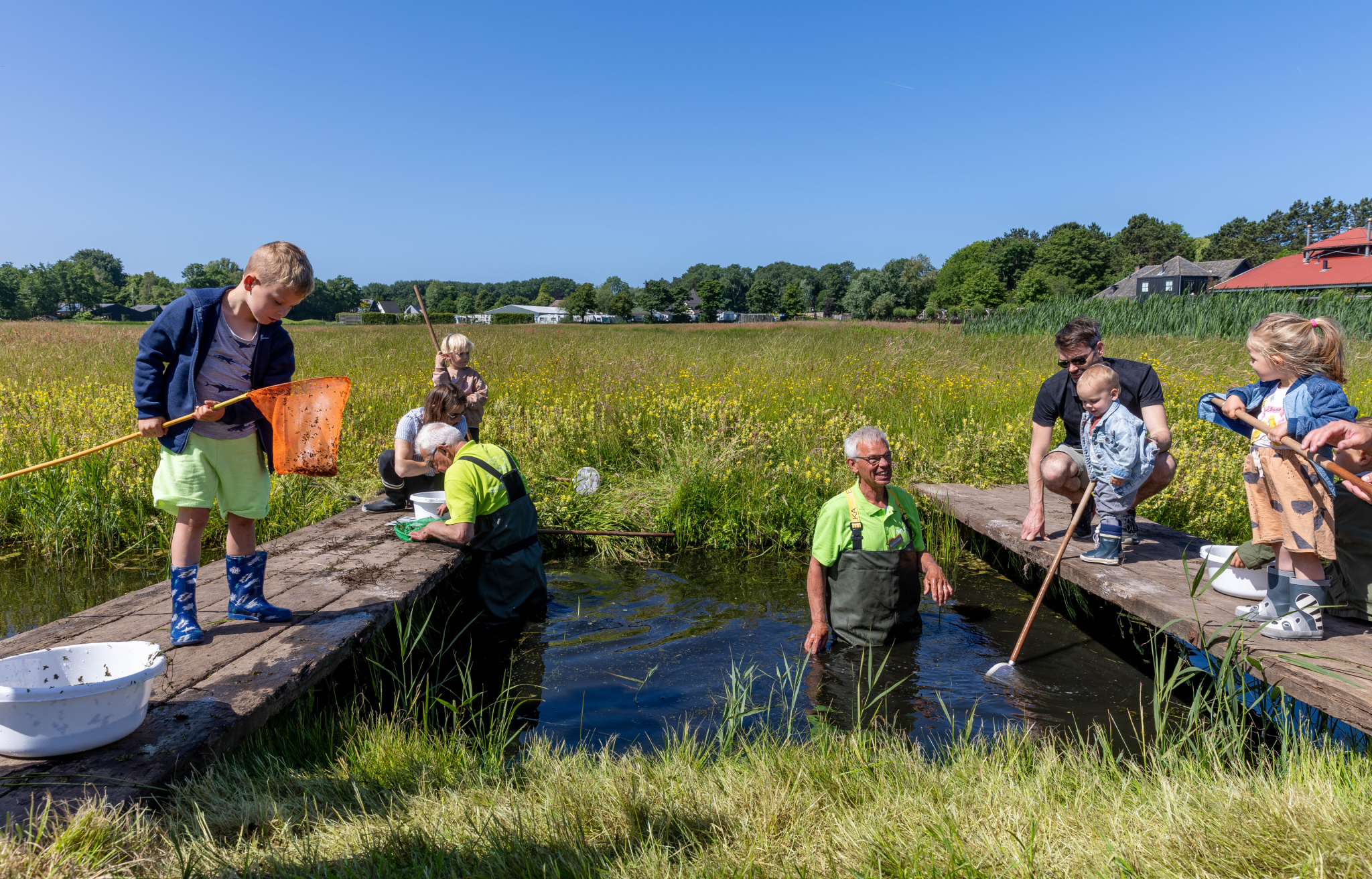 Kinderen en volwassene met schepnetten bij een sloot in een natuurgebied op een zonnige dag.