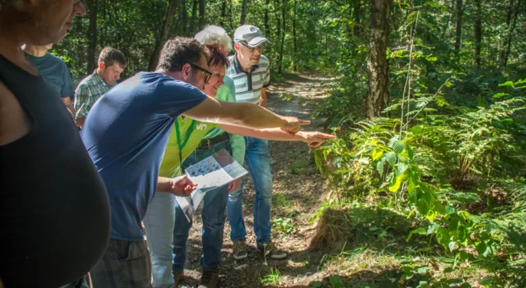 Een groep mensen bestudeert planten op een bosrijk pad.