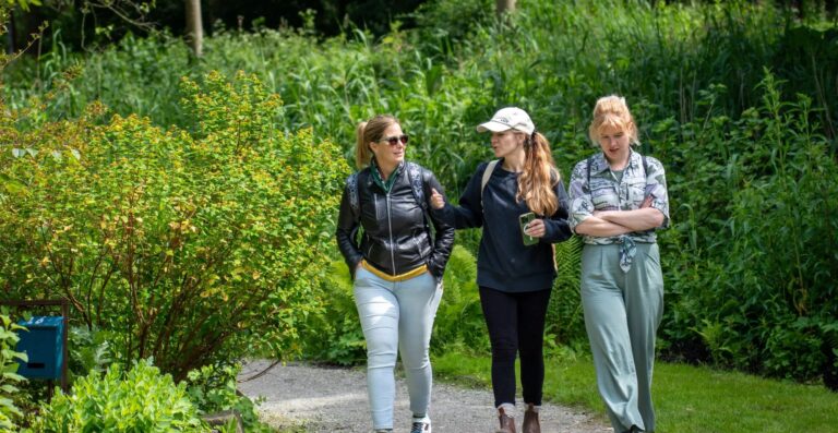 Drie vrouwen wandelen over een bospad omgeven door groene struiken en bomen.